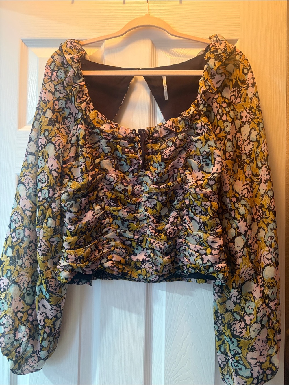 Free People Floral Ruched Long-Sleeve Crop Top in Yellow Multi